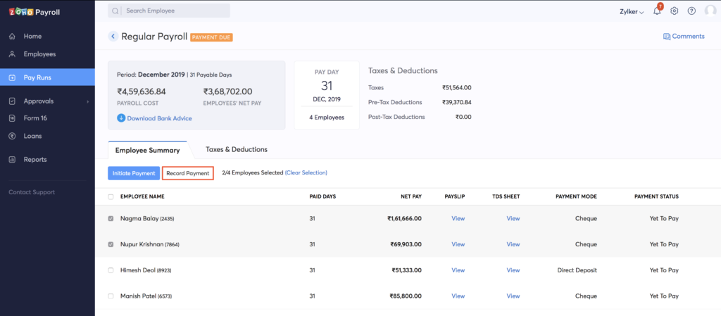 ZOHO Process Payroll