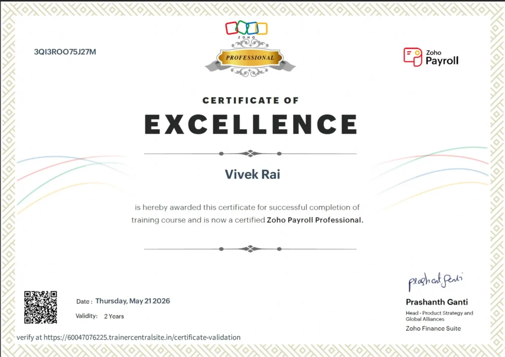 Services 15 Zoho Payroll certification
